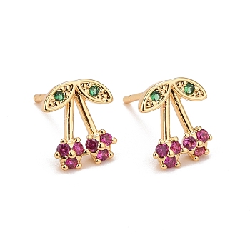 Hot Pink Cubic Zirconia Cherry Stud Earrings, Real 18K Gold Plated Brass Jewelry for Women, Cadmium Free & Lead Free, Real 18K Gold Plated, 10x8.5mm, Pin: 0.8mm
