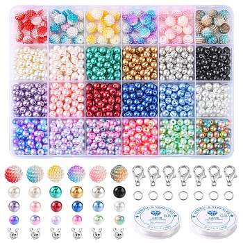 DIY Imitation Pearl Bracelet Necklace Making Kit, Including Alloy Clasps, Round Plastic & Glass & Acrylic Beads, Elastic Thread, Mixed Color, 752Pcs/bag