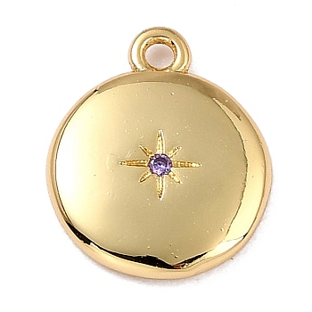 Brass Micro Pave Cubic Zirconia Charms, Long-Lasting Plated, Real 18K Gold Plated, Flat Round with Star, Mauve, 12x10x2mm, Hole: 1.2mm
