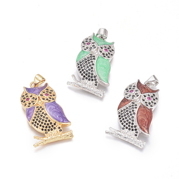 Brass Micro Pave Cubic Zirconia Pendants, with Enamel, Owl, Golden, 30x17x5.5mm, Hole: 5x3.5mm