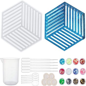 Hollow Hexagon DIY Cup Mats Silicone Molds, Resin Casting Molds, For UV Resin, Epoxy Resin Craft Making, with Plastic Findings, Nail Art Sequins, Mixed Color, 139x158x12.5mm