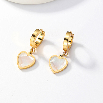 304 Stainless Steel Dangle Hoop Earrings, Heart, Golden, 28x18mm