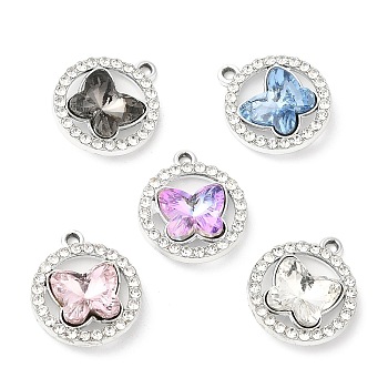 UV Plating Alloy Pendants, with Crystal Rhinestone and Glass, Cadmium Free & Lead Free, Flat Round with Butterfly Charms, Platinum, 19.5x16.5x6.5mm, Hole: 1.6mm