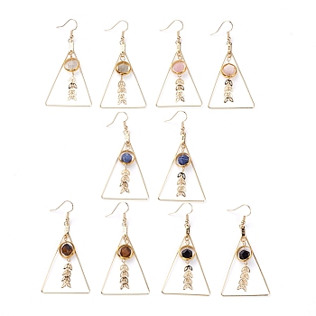 Natural Mixed Gemstone Dangle Earrings, with Brass Real 18K Gold Plated Earring Hooks and Brass Findings, Triangle, 68mm, Pin: 0.7mm