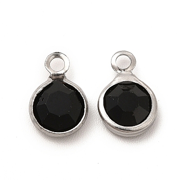 304 Stainless Steel with Glass Charms, Stainless Steel Color, Faceted Flat Round, Black, 9.5x6.5x2mm, Hole: 1.5mm