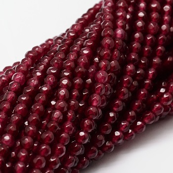 Dyed Natural White Jade Round Beads Strands, Faceted, Cerise, 4mm, Hole: 1mm, about 92pcs/strand, 15.3 inch