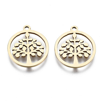 201 Stainless Steel Pendants, Laser Cut, Ring with Tree of Life, Golden, 17x15x1mm, Hole: 1.4mm
