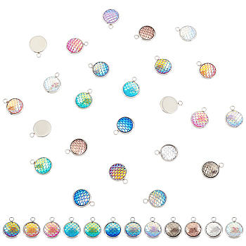 24Pcs 12 Styles Resin Pendants, with 304 Stainless Steel Finding, Flat Round with Mermaid Fish Scale Shaped, Mixed Color, 18x14x3.5mm, Hole: 2mm, 2pcs/style