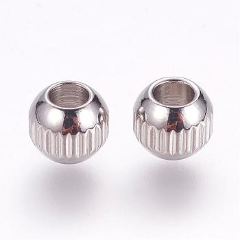 201 Stainless Steel Beads, Round with Vertical Stripes, Stainless Steel Color, 8x7mm, Hole: 3mm