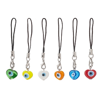 Heart Handmade Evil Eye Lampwork  Mobile Strap, with Polyester Cord, Mixed Color, 7.6~7.9cm, 6pcs/set