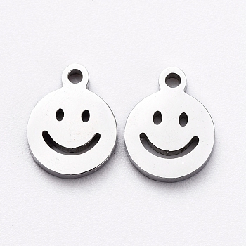 304 Stainless Steel Charms, Manual Polishing, Hollow, Flat Round with Smile, Stainless Steel Color, 8x6x1mm, Hole: 0.8mm