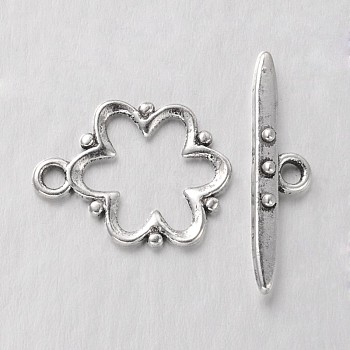 Alloy Toggle Clasps, Nickel Free, Lead Free and Cadmium Free, Antique Silver, Flower: 19x15x1.5mm, hole: 2mm. Bar: 24x6x4mm, hole: 2mm.