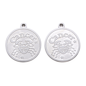 201 Stainless Steel Pendants, Flat Round with Twelve Constellation, Laser Cut, Stainless Steel Color, Cancer, 25x22x1.5mm, Hole: 2mm