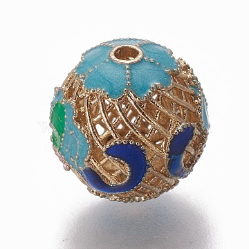 Alloy Enamel Beads, Hollow, Round with Flower, Light Gold, Turquoise, 13~13.5x14mm, Hole: 1.6mm and 1.8mm(PALLOY-ZH10481-98)