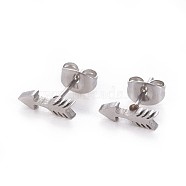 304 Stainless Steel Stud Earrings, Hypoallergenic Earrings, with Ear Nuts/Earring Back, Arrow, Stainless Steel Color, 10x3mm, Pin: 0.8mm, 12pairs/card(EJEW-F227-13P)