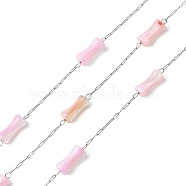 Natural Shell Pearl Beads,Dyed with 304 Stainless Steel Chains, Soldered, with Spool, Pink, 8x4mm(CHS-Q005-07A-04)
