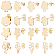 80Pcs 4 Style 201 Stainless Steel Stud Earring Findings, with Horizontal Loops & 304 Stainless Steel Pins & Ear Nuts, Flower, Real 24K Gold Plated, 10~14x9~12mm, Hole: 1.2~1.8mm, Pin: 0.8mm, 20Pcs/style(EJEW-BBC0001-08)