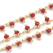 Handmade Glass Beaded Chains, Soldered, with Spool, Brass Findings, Faceted, Round, Nickel Free, Real 18K Gold Plated, Red, 5.5mm, about 32.8 Feet(10m)/roll(CHC-S002-13B-G)