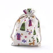Polycotton(Polyester Cotton) Packing Pouches Drawstring Bags, with Printed Box and Christmas Tree, Colorful, 18x13cm(ABAG-S003-02E)