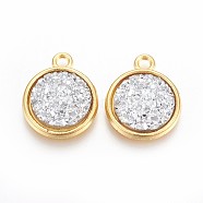 Resin Pendants, with Golden Tone Alloy Findings, Flat Round, Light Grey, 18x15x3.5~4mm, Hole: 1.8mm(RESI-F015-A14)