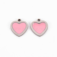 304 Stainless Steel Enamel Charms, Stainless Steel Color, Heart, Pink, 10x9.5x1mm, Hole: 1.2mm(STAS-Q242-041B)