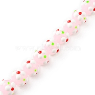 Handmade Lampwork Beads Strands, with Enamel, Round with Flower, Pink, 11x9.5mm, Hole: 1.4mm, about 36pcs/strand, 13.58''(34.5cm)(LAMP-A154-05M)