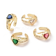 Cubic Zirconia Heart Open Cuff Rings, Real 18K Gold Plated Brass Jewelry for Valentine's Day, Mixed Color, Inner Diameter: 18mm(RJEW-G277-01G)