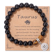 Natural Tiger Eye & Agate Beaded Stretch Bracelets,  Constellation Charm Bracelets, Round, Taurus, 7-1/2 inch(19cm)(PW-WG52B58-03)