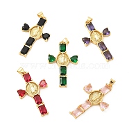 Rack Plating Brass Pendants, with Glass Cubic Zirconia, Religion Heart Cross with Virgin Mary Charm, Cadmium Free & Lead Free, Long-Lasting Plated, Real 18K Gold Plated, Mixed Color, 39x23x4mm, Hole: 5x3mm(KK-D087-16G)