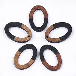 Resin & Walnut Wood Pendants, Oval, Black, 28.5x19.5x3~4mm, Hole: 1.8mm(RESI-S358-29A)