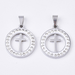 201 Stainless Steel Pendants, with Random Size Snap On Bails and Polymer Clay Crystal Rhinestones, Flat Round with Cross, Stainless Steel Color, 23x20x3mm, Hole: 8~10x3~5mm(STAS-N089-30P)