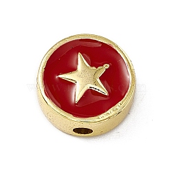 Brass Enamel Beads, Long-Lasting Plated, Cadmium Free & Lead Free, Real 18K Gold Plated, Flat Round with Star, FireBrick, 11x4.5mm, Hole: 1.8mm(KK-F814-03G-04)