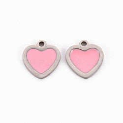 304 Stainless Steel Enamel Charms, Stainless Steel Color, Heart, Pink, 10x9.5x1mm, Hole: 1.2mm(STAS-Q242-041B)