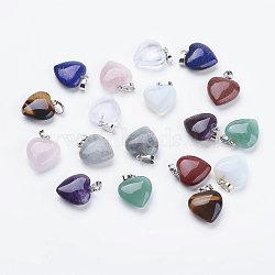 Natural & Synthetic Mixed Stone Pendants, with Brass Findings, Heart, Platinum, 23x20x7~9mm, Hole: 5x8mm(G-E434-01)