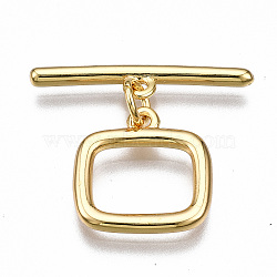 Brass Toggle Clasps, Nickel Free, Rectangle, Real 18K Gold Plated, 20mm long, Bar: 22x4.5x2mm, hole: 1.4mm, Jump Ring: 5x1mm, Inner Diameter: 3mm, Rectangle: 14x14x2mm, Hole: 1.2mm(X-KK-T063-100G-NF)