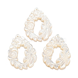 Natural Sea White Shell Pendants, Teardrop Wreath Charms, White, 33x25.5x2.6~3mm, Hole: 1.2mm(SHEL-D079-03)