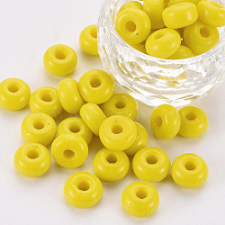Opaque Glass Beads, Flat Round, Yellow, 10x5~6mm, Hole: 3mm, about 600pcs/Pound(GLAA-S195-A-001)