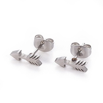 304 Stainless Steel Stud Earrings, Hypoallergenic Earrings, with Ear Nuts/Earring Back, Arrow, Stainless Steel Color, 10x3mm, Pin: 0.8mm, 12pairs/card