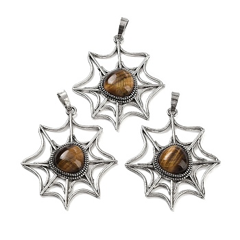 Natural Tiger Eye Spider Web Pendants, Rack Plating Antique Silver Plated Brass Halloween Net Charms, Cadmium Free & Lead Free, 44.5x37.5x7mm, Hole: 7.5x5mm