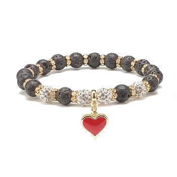 Natural Lava Rock Stretch Bracelet with Rhinestone Beads, Essential Oil Gemstone Bracelet with Heart Charm for Women, Black, Inner Diameter: 2-1/8 inch(5.4cm)