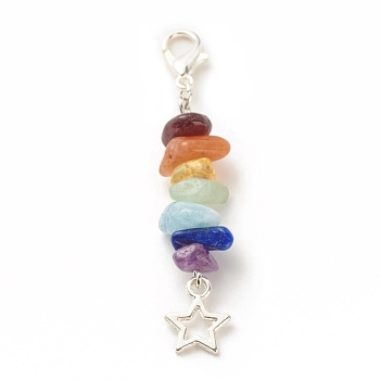 Chakra Theme Natural Gemstone Pendant Decorations, with Alloy Lobster Claw Clasps, Tibetan Style Star Pendant, 5.85cm