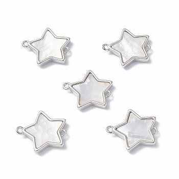 Brass Connector Charms, with Freshwater Shell, Nickel Free, Star Links, Platinum, 14.5x17x2.6mm, Hole: 1.2mm