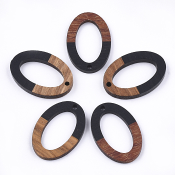 Resin & Walnut Wood Pendants, Oval, Black, 28.5x19.5x3~4mm, Hole: 1.8mm