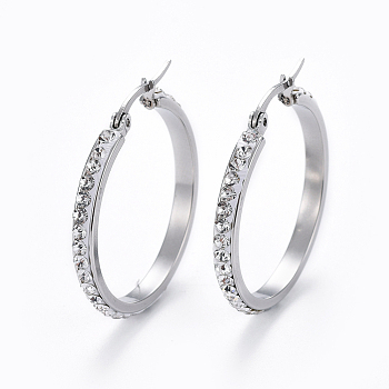 304 Stainless Steel Hoop Earrings, with Polymer Clay Rhinestone, Crystal, Stainless Steel Color, 32x32x3mm, Pin: 0.7x1mm