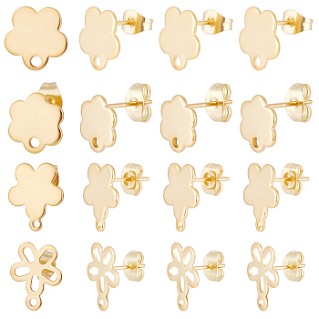 80Pcs 4 Style 201 Stainless Steel Stud Earring Findings, with Horizontal Loops & 304 Stainless Steel Pins & Ear Nuts, Flower, Real 24K Gold Plated, 10~14x9~12mm, Hole: 1.2~1.8mm, Pin: 0.8mm, 20Pcs/style