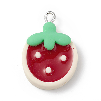 Opaque Resin Pendants, Fruit Charms, with Platinum Tone Iron Loops, Strawberry, Fruit, 27.5x19x7mm, Hole: 2mm