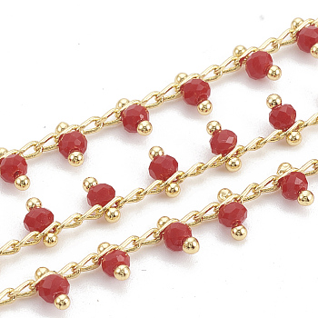 Handmade Glass Beaded Chains, Soldered, with Spool, Brass Findings, Faceted, Round, Nickel Free, Real 18K Gold Plated, Red, 5.5mm, about 32.8 Feet(10m)/roll