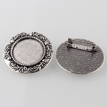 Vintage Alloy Brooch Cabochon Bezel Settings, Cadmium Free & Lead Free, with Iron Pin Back Bar Findings, Antique Silver, Flat Round Tray: 20mm, 31x2mm, Pin: 0.8mm