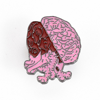 Alloy Enamel Brooches, Enamel Pins, with Brass Butterfly Clutches, Cerebrum, Cadmium Free & Nickel Free & Lead Free, Gunmetal, Hot Pink, 28.5x22mm, Pin: 1mm