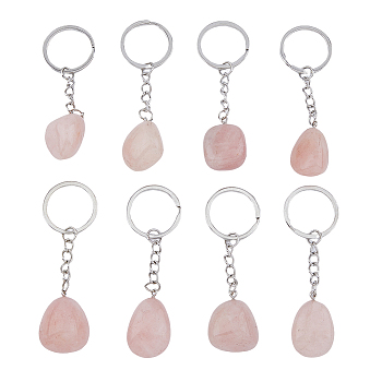 Natural Rose Quartz Keychain, with Iron Findings, Nugget, Platinum, 85~100mm, Pendant: 25~40x14~25x11~18mm, Ring: 27~28x2mm, 8pcs/box